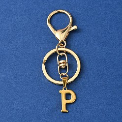 Letter P 304 Stainless Steel Initial Letter Charm Keychains, with Alloy Clasp, Golden, Letter P, 8.5cm