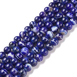 Medium Blue Natural Striped Agate/Banded Agate Beads Strands, Dyed & Heated, Round, Medium Blue, 10mm, Hole: 1.2mm, about 37pcs/strand, 14.65 inch(37.2cm)