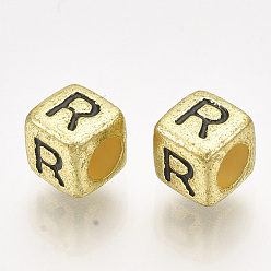 Letter R Acrylic Beads, Horizontal Hole, Metallic Plated, Cube with Letter.R, 6x6x6mm, 2600pcs/500g