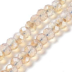 PeachPuff Electroplate Glass Beads Strands, Imitation Jade Beads, Half Plated, Rainbow Plated, Faceted, Rondelle, PeachPuff, 10x8mm, Hole: 1mm, about 63~65pcs/strand, 19.2~20 inch(48~50cm)