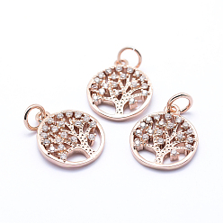 Rose Gold Brass Micro Pave Cubic Zirconia Charms, Flat Round with Tree of Life, Rose Gold, 15x12.5x2mm, Hole: 3mm