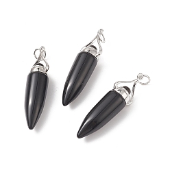 Obsidiana Colgantes grandes puntiagudos de obsidiana natural, con anillo de salto, dijes de bala con fornituras de latón platinado, 51~52x11.7~12.3 mm, agujero: 6 mm