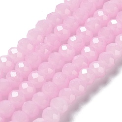 Perlas de Color Rosa Hebras de cuentas de vidrio de imitación de jade pintadas para hornear, rondelle facetas, rosa perla, 6x5 mm, agujero: 1.2 mm, sobre 85 unidades / cadena, 16.73'' (42.5 cm)