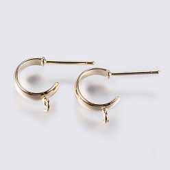 Real 18K Gold Plated Brass Stud Earring Findings, Half Hoop Earrings, with Loop and Steel Pins, Long-Lasting Plated, Nickel Free, Real 18K Gold Plated, Golden, 13x3mm, Hole: 1.5mm, Pin: 0.8mm