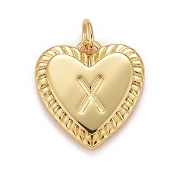 Letter X Rack Plating Real 18K Gold Plated Brass Pendants, with Jump Rings, Long-Lasting Plated, Lead Free & Cadmium Free & Nickel Free, Heart with Letter A~Z, Letter.X, 16x15x2.5mm, Jump Ring: 5x0.5mm, 3mm Inner Diameter