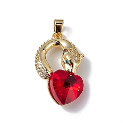 Red Real 18K Gold Plated Rack Plating Brass Micro Pave Clear Cubic Zirconia Pendants, with Glass, Long-Lasting Plated, Cadmium Free & Lead Free, Leopard with Heart Charm, Red, 28.5x17.5x8mm, Hole: 5x3.2mm