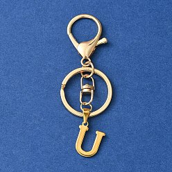 Letter U 304 Stainless Steel Initial Letter Charm Keychains, with Alloy Clasp, Golden, Letter U, 8.5cm
