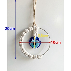 White Handmade Woven Cotton Thread with Turkish Glass Evil Eye Wall Hanging Ornament, with Iron Ring, White, 200x100mm