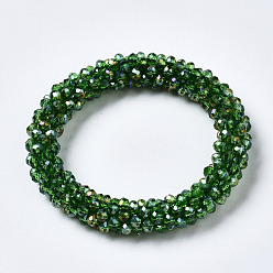 Зеленый Граненые прозрачные стеклянные бусины эластичные браслеты, с покрытием цвета радуги, рондель, зелёные, внутренний диаметр: 2 дюйм (5 см)
