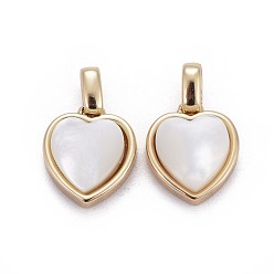 Golden Natural White Shell Mother of Pearl Shell Pendants, with Brass Settings, Heart, Golden, 13x11x4.5mm, Hole: 2x3mm