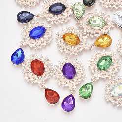Mixed Color Rose Gold Plated Alloy Cabochons, with Resin Rhinestone and Crystal Glass Rhinestone, Faceted, Oval and Teardrop, Mixed Color, 45x24x5mm