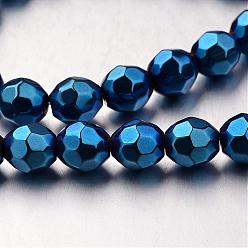 Blue Plated Electroplate Non-magnetic Synthetic Hematite Bead Strands, Faceted, Round, Blue Plated, 8x8mm, Hole: 1mm, about 49pcs/strand, 15.7 inch