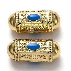 Blue Brass Enamel Beads, Long-Lasting Plated, Real 18K Gold Plated, Oval & Word, Blue, 19x9x9mm, Hole: 2mm