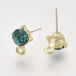 Blue Zircon Alloy Stud Earring Findings, with Glass Rhinestones, Loop and Raw(Unplated) Pin, Golden, Blue Zircon, 11.5x8.5mm, Hole: 1.8mm, Pin: 0.7mm