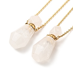 Quartz Crystal Openable Faceted Natural Quartz Crystal Perfume Bottle Pendant Necklaces for Women, 304 Stainless Steel Cable Chain Necklaces, Golden, 18.74 inch(47.6cm)