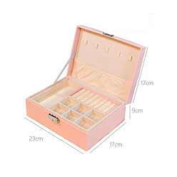 Pink 2-Tier Rectangle PU Leather Jewelry Organizer Boxes, Portable Travel Jewelry Case, for Earrings, Necklaces, Rings, Pink, 23x17x9cm