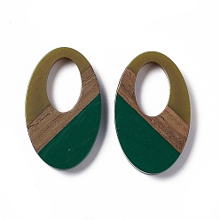 Vert Foncé Pendentifs en résine opaque et bois de noyer, charmes ovales, vert foncé, 35.5x22x3.5mm, Trou: 16mm