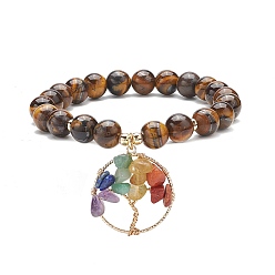 Œil De Tigre Bracelet extensible en oeil de tigre naturel, yoga chakra mixte pierres précieuses chips arbre de vie bracelet à breloques pour femme, diamètre intérieur: 2 pouce (5.2 cm)