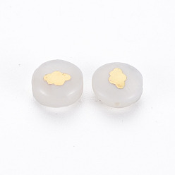 Golden Natural Freshwater Shell Beads, with Golden Plated Brass Metal Embellishments, Flat Round with Palm, Seashell Color, 8x4.5mm, Hole: 0.6mm