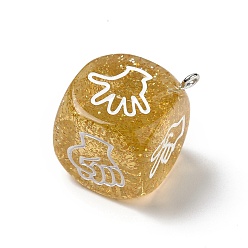 Verge D'or Doigt en résine transparente jeu de devinettes dés pendentifs rock, avec de la poudre scintillante et des boucles en fer platine, breloque dé avec motif geste blanc, verge d'or, 31x27x27mm, Trou: 2mm