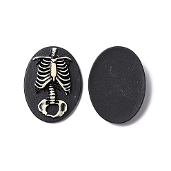Skeleton Halloween Cameos Opaque Resin Cabochons, Oval, Black, Skeleton Pattern, 38.5x28.5x6mm