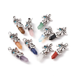 Mixed Stone Natural & Synthetic Gemstone and Indicolite Rhinestone Big Pendants, with Antique Silver Tone Alloy Phoenix Findings, Cadmium Free & Lead Free, Faceted Bullet Charm, Mixed Dyed and Undyed, 61x30x16mm, Hole: 6x7mm