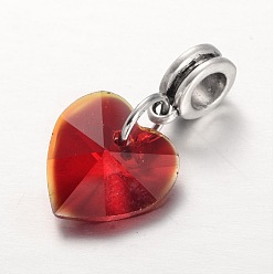 Red Large Hole Alloy European Dangle Charms, with Electroplated Glass Heart Pendants, Antique Silver, Red, 25mm, Hole: 5mm