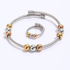Real Gold Plated & Stainless Steel Color Stainless Steel Twisted Cuff Bangle & Finger Ring Sets, with Bead, for Women, Real 18K Gold Plated & Stainless Steel Color, Inner Diameter: 18~60mm