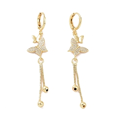 Golden Clear Cubic Zirconia Butterfly Dangle Hoop Earrings, Brass Chain Tassel Drop Earrings for Women, Golden, 65mm, Pin: 0.8mm