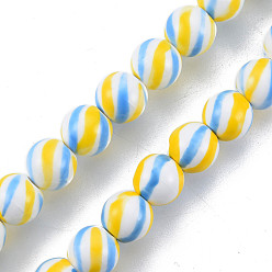 Yellow Handmade Porcelain Bead Strands, Famille Rose Style, Round with Stripe Pattern, Yellow, 10.5mm, Hole: 2mm, about 30pcs/strand, 11.81 inch(30cm)