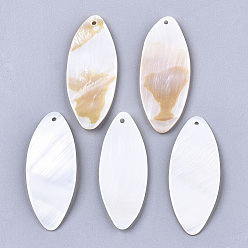 Seashell Color Freshwater Shell Pendants, Oval, Seashell Color, 39~40x16~17x2~3mm, Hole: 1.5mm