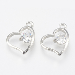 Platinum Alloy Cubic Zirconia Charms, Heart, Platinum, 14x14.5x3mm, Hole: 1.6mm