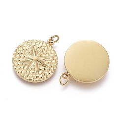 Golden Ion Plating(IP) 304 Stainless Steel Pendants, with Jump Rings, Textured, Flat Round with Star, Golden, 17.5x15x3mm, Hole: 2.6mm