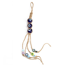 Royal Blue Round with Evil Eye Glass Pendant Decorations, Tassel Hemp Rope Hanging Ornament, Royal Blue, 285mm