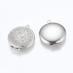 Stainless Steel Color 304 Stainless Steel Locket Pendants, Photo Frame Charms for Necklaces, Flat Round with Flower Pattern, Stainless Steel Color, 32x27x6mm, Hole: 1.5mm, inner size: 18.5mm