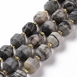 Netstone Natural Black Silk Stone/Netstone Beads Strands, with Seed Beads, Faceted Bicone Barrel Drum, 9~10mm, Hole: 1.2mm, about 29~32pcs/strand, 14.45~14.84 inch(36.7~37.7cm)