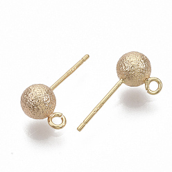 Real 18K Gold Plated Brass Ball Stud Earring Findings, Nickel Free, with Loop, Real Gold Plated, Textured, Real 18K Gold Plated, 14.5~16.5x5~5.5mm, Hole: 1.2mm, Pin: 0.8mm