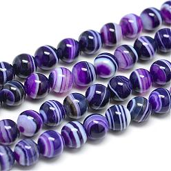 Dark Violet Natural Striped Agate/Banded Agate Bead Strands, Dyed, Round, Dark Violet, 10mm, Hole: 1mm, about 38pcs/strand, 15.55 inch