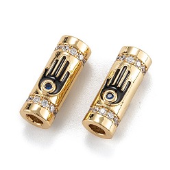 Black Real 18K Gold Plated Brass Micro Pave Clear Cubic Zirconia Tube Beads, with Enamel, Column with Hamsa Hand, Black, 18x8x7mm, Hole: 3.5mm