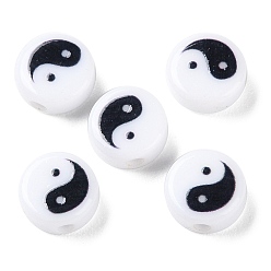Black Printed Opaque Acrylic Beads, Flat Round with Yinyang Pattern, Black, 8x4mm, Hole: 1.6mm