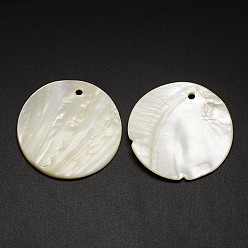 Creamy White Flat Round Freshwater Shell Pendants, Creamy White, 49x3mm, Hole: 3mm