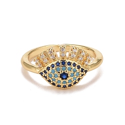 Real 18K Gold Plated Colorful Cubic Zirconia Evil Eye Open Cuff Ring, Rack Plating Brass Jewelry for Women, Cadmium Free & Lead Free, Real 18K Gold Plated, Inner Diameter: 16~16.5mm