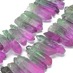 Deep Pink Natural Dyed Quartz Pointed Beads Strands, Two Tone Color, Bullet, Top Drilled Beads, Deep Pink, 19~35x5~11mm, Hole: 1mm, about 59~64pcs/strand, 13.7~14.1 inch(35~36cm)