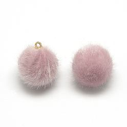 Pink Faux Mink Fur Covered Charms, with Golden Tone Brass Findings, Round, Pink, 12~14x10mm, Hole: 1.5mm