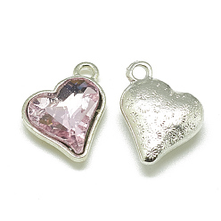 Pearl Pink Alloy Glass Pendants, Faceted, Heart, Platinum, Pearl Pink, 17x15x5mm, Hole: 1.5mm