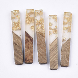 Oro Grandes colgantes de resina y madera de nogal, con lámina de oro, Rectángulo, oro, 51.5x7.5x3 mm, agujero: 1.8 mm