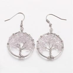 Quartz Crystal Dangle Earrings, with Natural Quartz Crystal Beads and Brass Hooks, Ring with Tree of Life, 50mm, Pin: 0.6mm