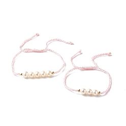 Pink Adjustable Nylon Thread Cord Bracelets Sets for Mom & Daughter, with Natural Pearl Beads and Brass Spacer Beads, Pink, 0.25cm, Inner Diameter: 1.18~3.66 inch(30~93mm), 0.59~2.80 inch(15~71mm), 2pcs/set