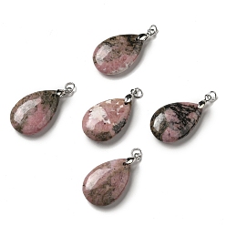 Rhodonite Natural Rhodonite Pendants, Teardrop Charms, with Platinum Plated Brass Snap on Bails, Lead Free & Cadmium Free, 28~29x18~18.5x6~7mm, Hole: 3mm