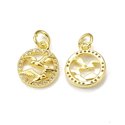 Golden Brass Micro Pave Cubic Zirconia Bird Charms, with Jump Ring, Ring with Seagull Charm, Golden, 13x11x2mm, Hole: 3mm